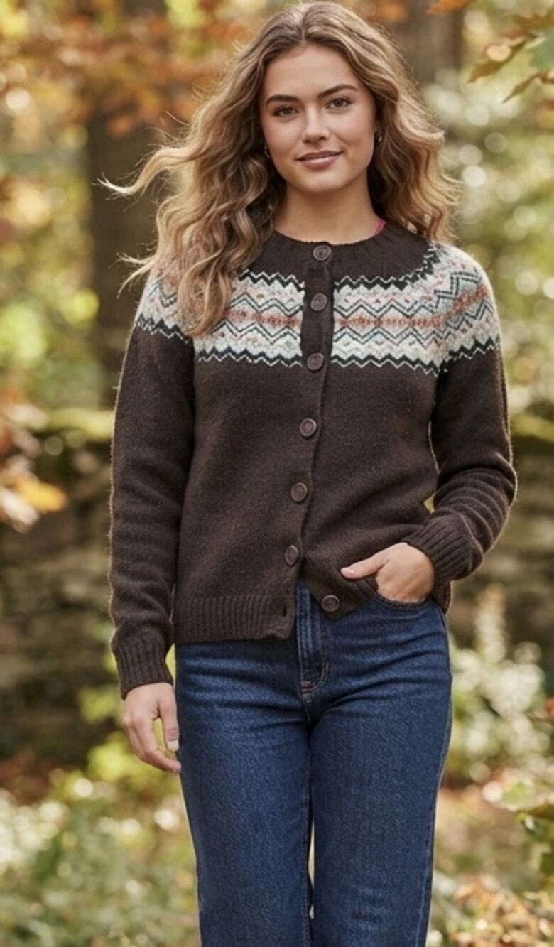 VTG Pappagallo Fair Isle Brown/Cream chenille  Button Cardigan Sweater M Gorpcor